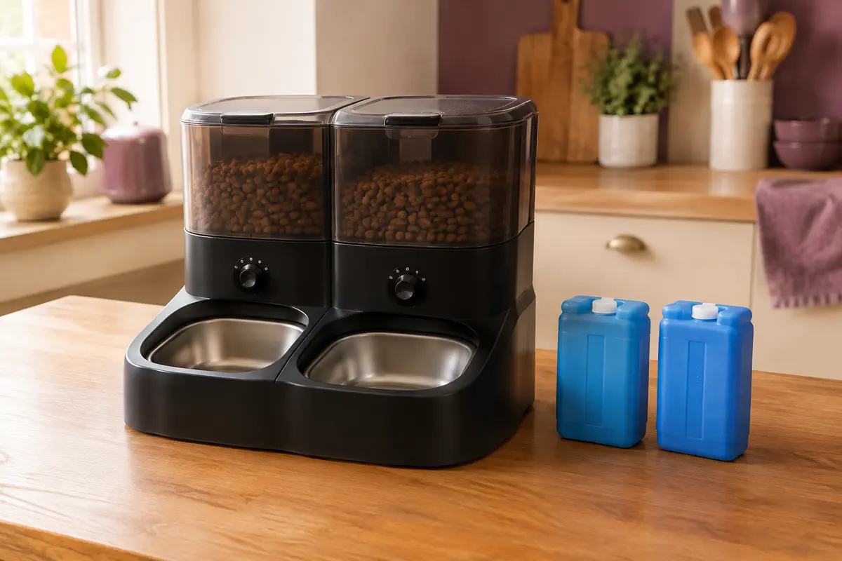 Distributeur automatique noir à deux compartiments avec blocs réfrigérants, posé sur un meuble en bois