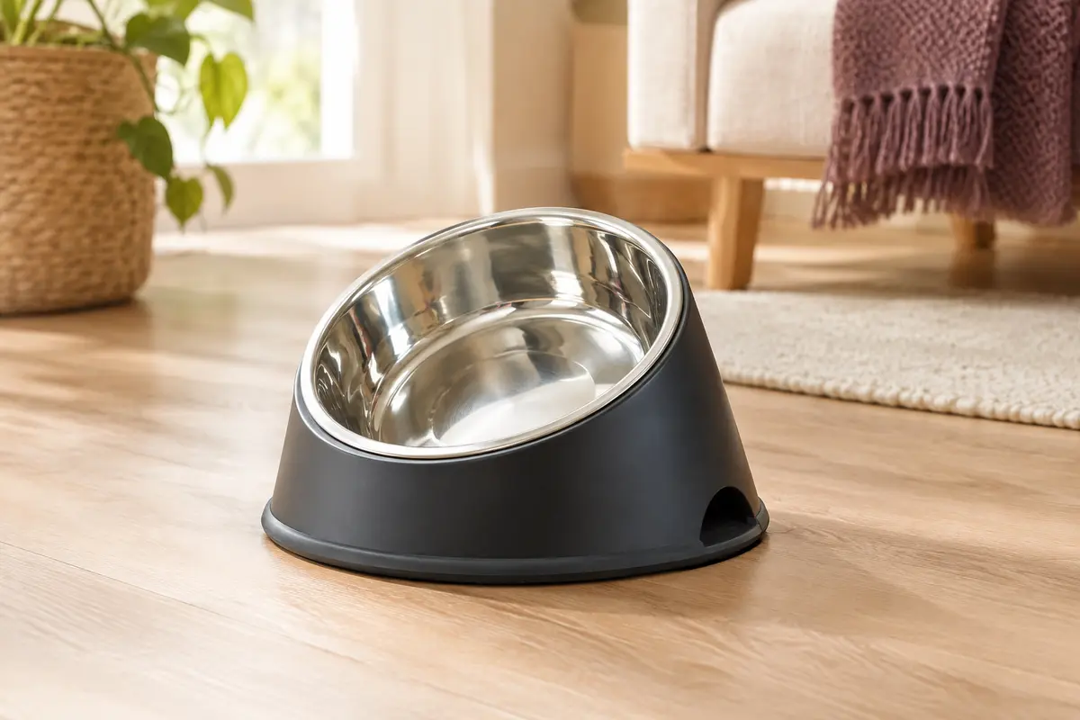 Gamelle inclinée pour chat avec bol amovible en inox et support noir antidérapant, dans un intérieur chaleureux.