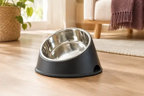 Gamelle inclinée pour chat avec bol amovible en inox et support noir antidérapant, dans un intérieur chaleureux.