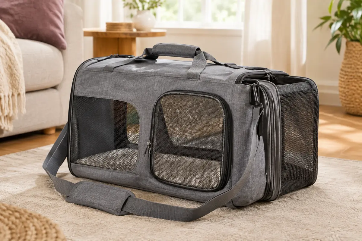 Sac de transport gris pour chat avec panneaux en maille, bandoulière et tapis intérieur amovible