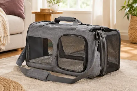 Sac de transport gris pour chat avec panneaux en maille, bandoulière et tapis intérieur amovible