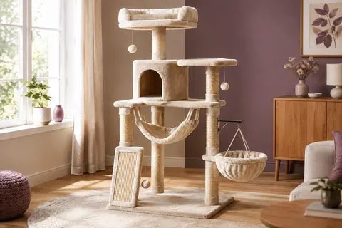 Arbre à chat beige à plusieurs niveaux avec hamac, panier suspendu, niche et poteaux en sisal