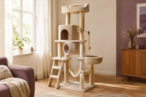 Arbre à chat beige à plusieurs niveaux avec niche, hamac, tunnel et poteaux en sisal