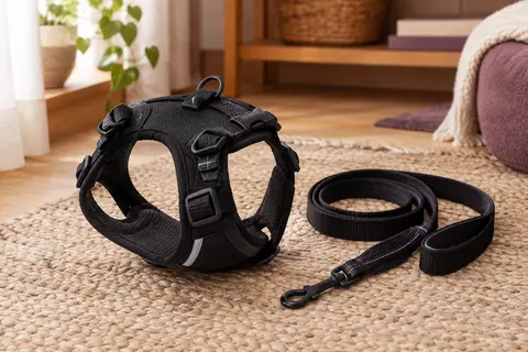 Harnais noir pour chat en néoprène avec sa laisse, posé sur un tapis clair dans un intérieur chaleureux.