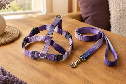 Harnais pour chat en nylon violet dégradé avec laisse et attaches métalliques, posé sur du bois