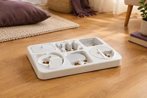 Plateau de réflexion blanc à cinq modules pour chat, posé sur un sol en bois avec quelques croquettes