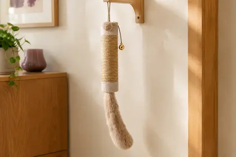 Griffoir suspendu en sisal avec longue queue en peluche et clochette, présenté dans un intérieur chaleureux