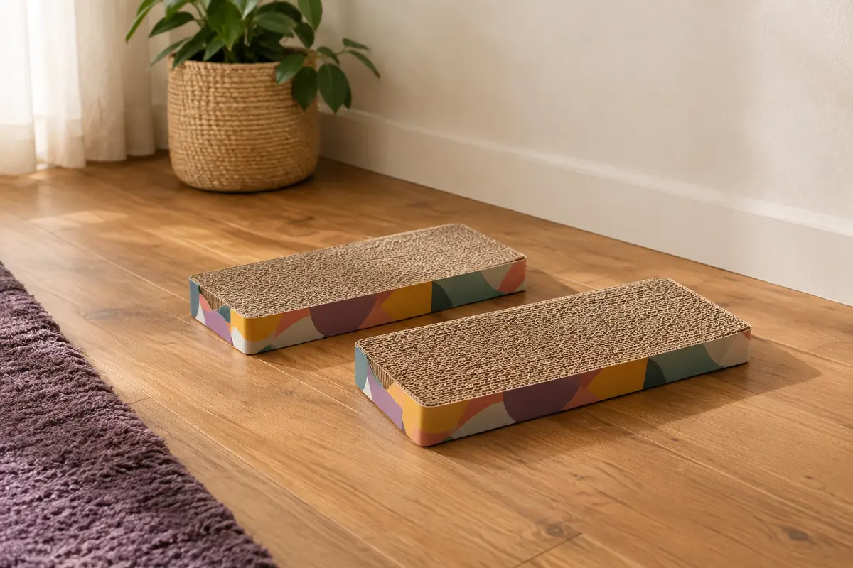 Deux griffoirs compacts en carton multicolore posés sur un parquet dans un intérieur lumineux
