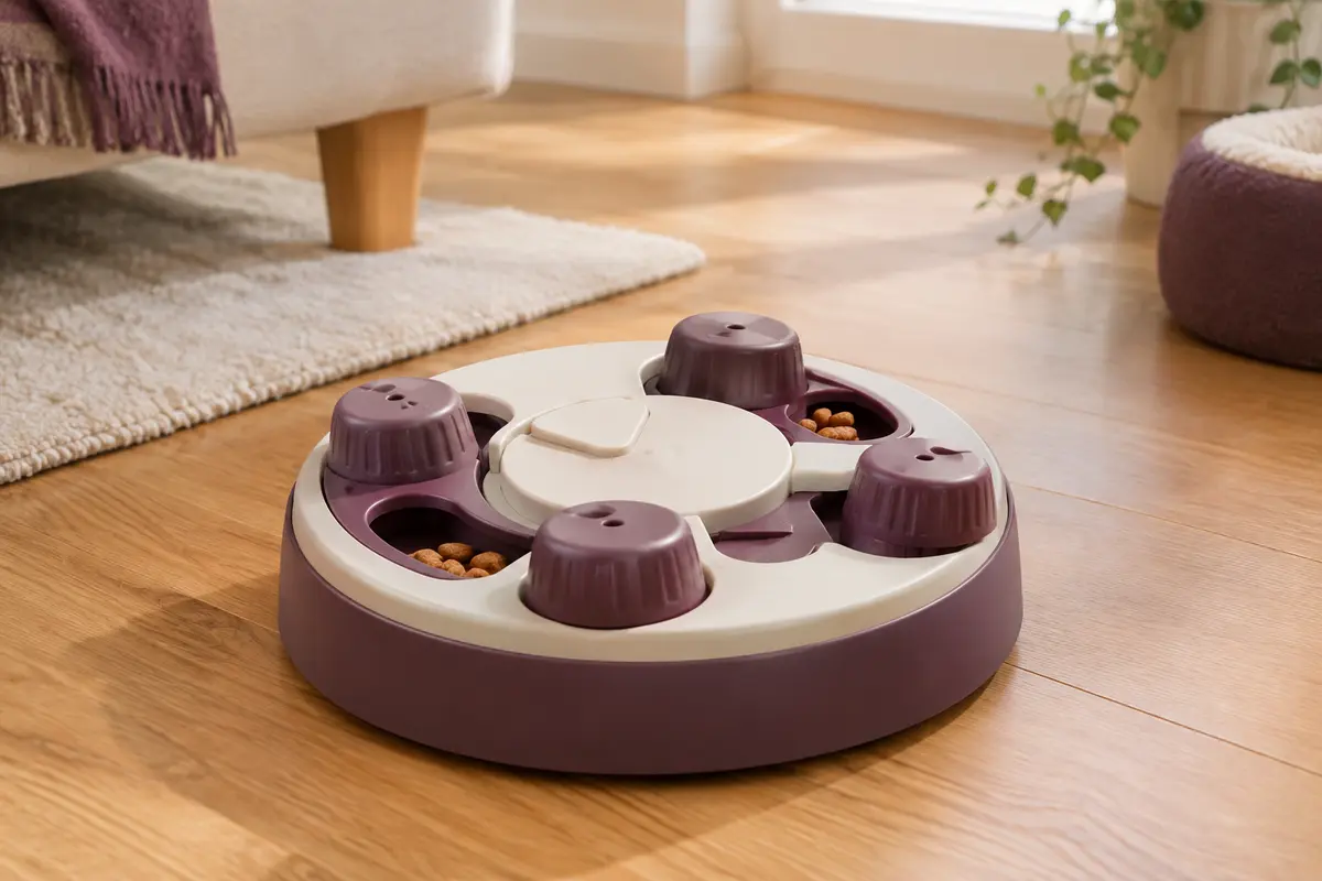 Puzzle interactif pour chat en plastique, avec gobelets rotatifs et friandises, posé sur un sol en bois
