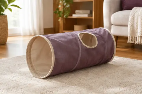 Tunnel d’activité en polyester posé au sol dans un intérieur chaleureux aux tons crème et bois miel.