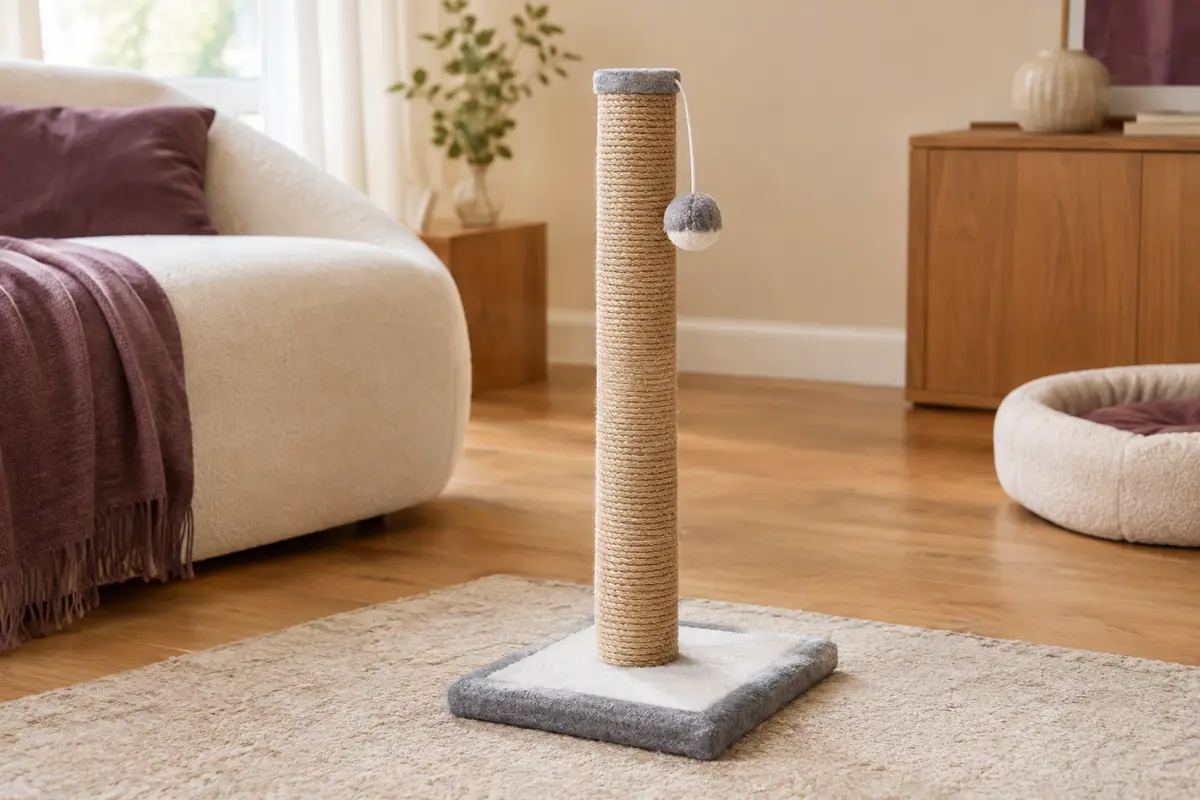 Poteau griffoir gris et blanc avec surface en jute, base carrée et pompon suspendu dans un intérieur chaleureux.