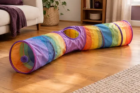 Tunnel de jeu coloré pour chat, déployé au sol avec une ouverture et une balle suspendue