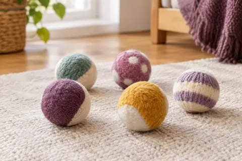 Cinq balles multicolores en peluche douce posées sur un tapis crème dans un intérieur chaleureux