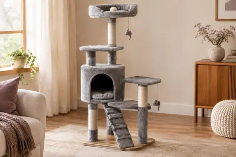 Arbre à chat gris à plusieurs niveaux avec niche, rampe, griffoirs en sisal et jouets suspendus.