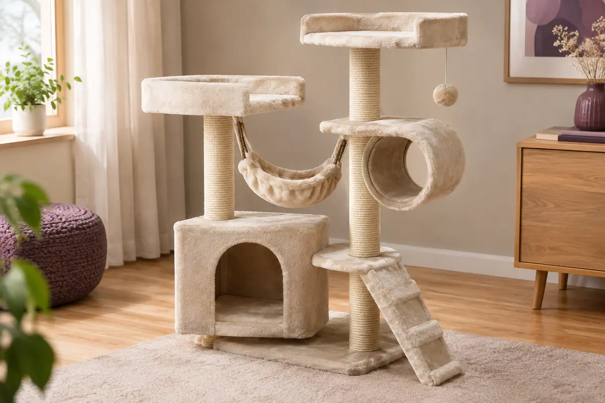 Arbre à chat beige avec niche, hamac, plateformes, tunnel d’observation et griffoirs en sisal