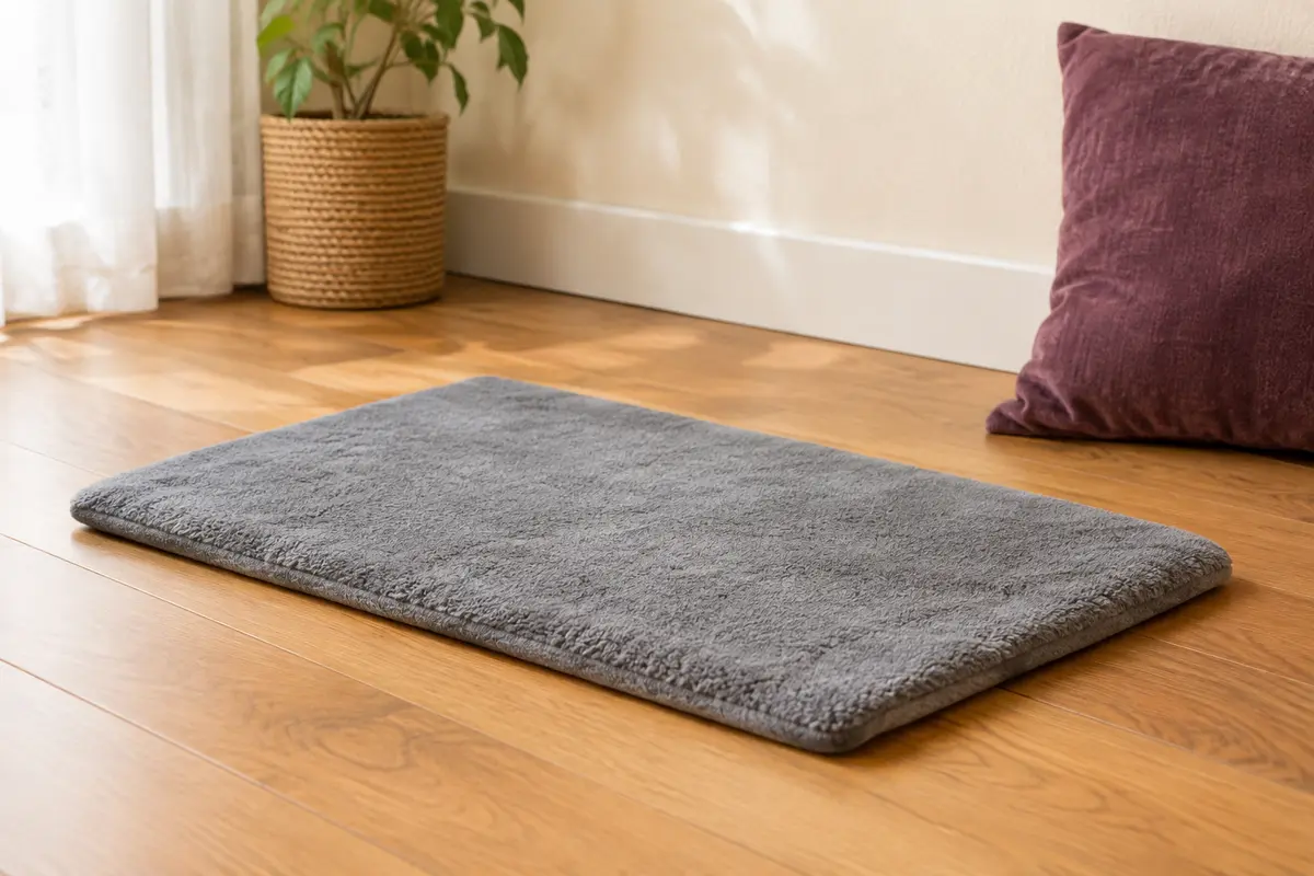 Tapis autochauffant gris en polaire posé sur un parquet dans un intérieur chaleureux