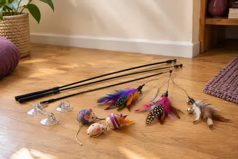 Kit multicolore de baguettes à plumes pour chat avec ventouses et jouets de rechange, posé sur un sol en bois
