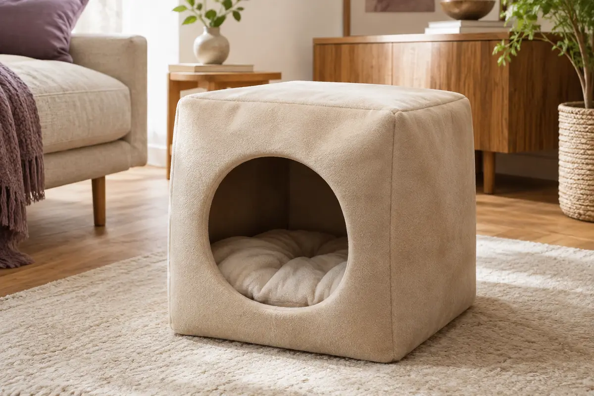 Niche beige en forme de grotte pour chat, avec ouverture arrondie et coussin rembourré amovible.