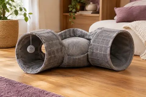 Tunnel circulaire gris pour chat avec plusieurs ouvertures, coussin central et balle suspendue à l’entrée