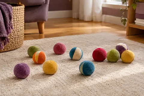 Assortiment de petites balles colorées en peluche pour chat posé sur un tapis crème près d’un sol en bois