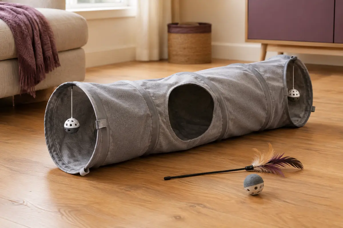 Tunnel de jeu pliable gris pour chat avec deux ouvertures et accessoires posés dans un intérieur chaleureux