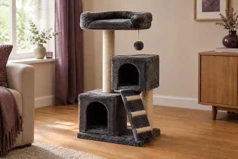 Arbre à chat gris foncé avec deux niches, rampe en sisal et plateforme supérieure rembourrée