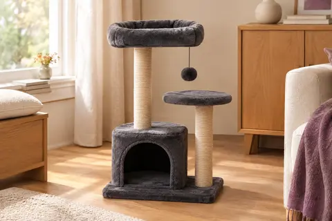 Arbre à chat compact gris foncé avec cachette, perchoir rembourré et poteaux en sisal
