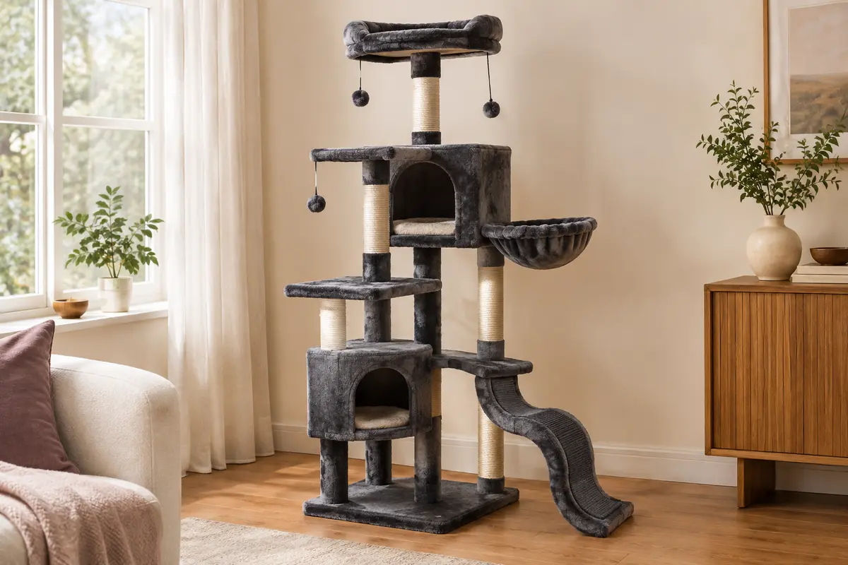 Arbre à chat gris foncé à plusieurs niveaux avec niches, plateformes, rampe et poteaux en sisal