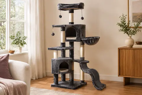 Arbre à chat gris foncé à plusieurs niveaux avec niches, plateformes, rampe et poteaux en sisal