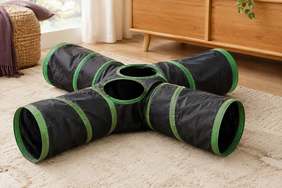 Tunnel de jeu pour chat noir et vert à quatre voies, déployé sur un tapis dans un intérieur lumineux