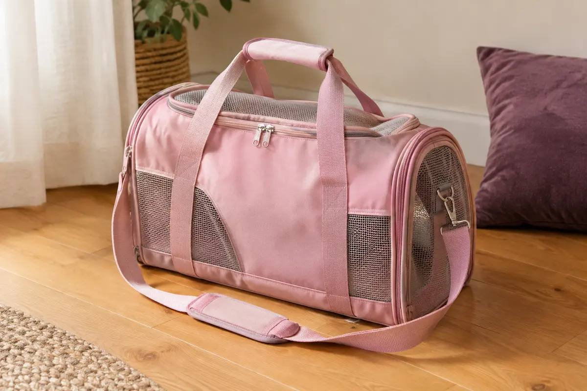 Sac de transport souple rose avec bandoulière et côtés en maille, posé dans un intérieur chaleureux