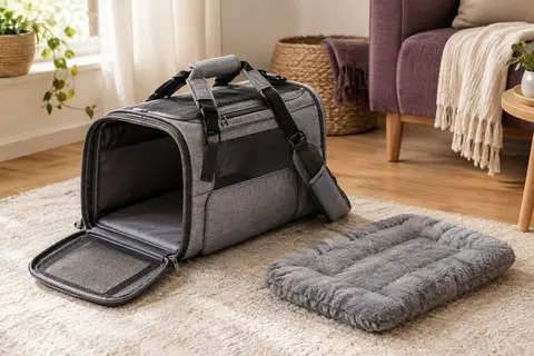 Sac de transport pliable gris avec sangles réglables et coussin en peluche amovible.