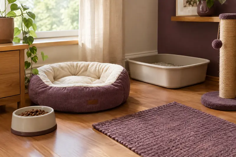 Accessoires pour chats en bois, sisal et coton présentés dans un coin de vie épuré.