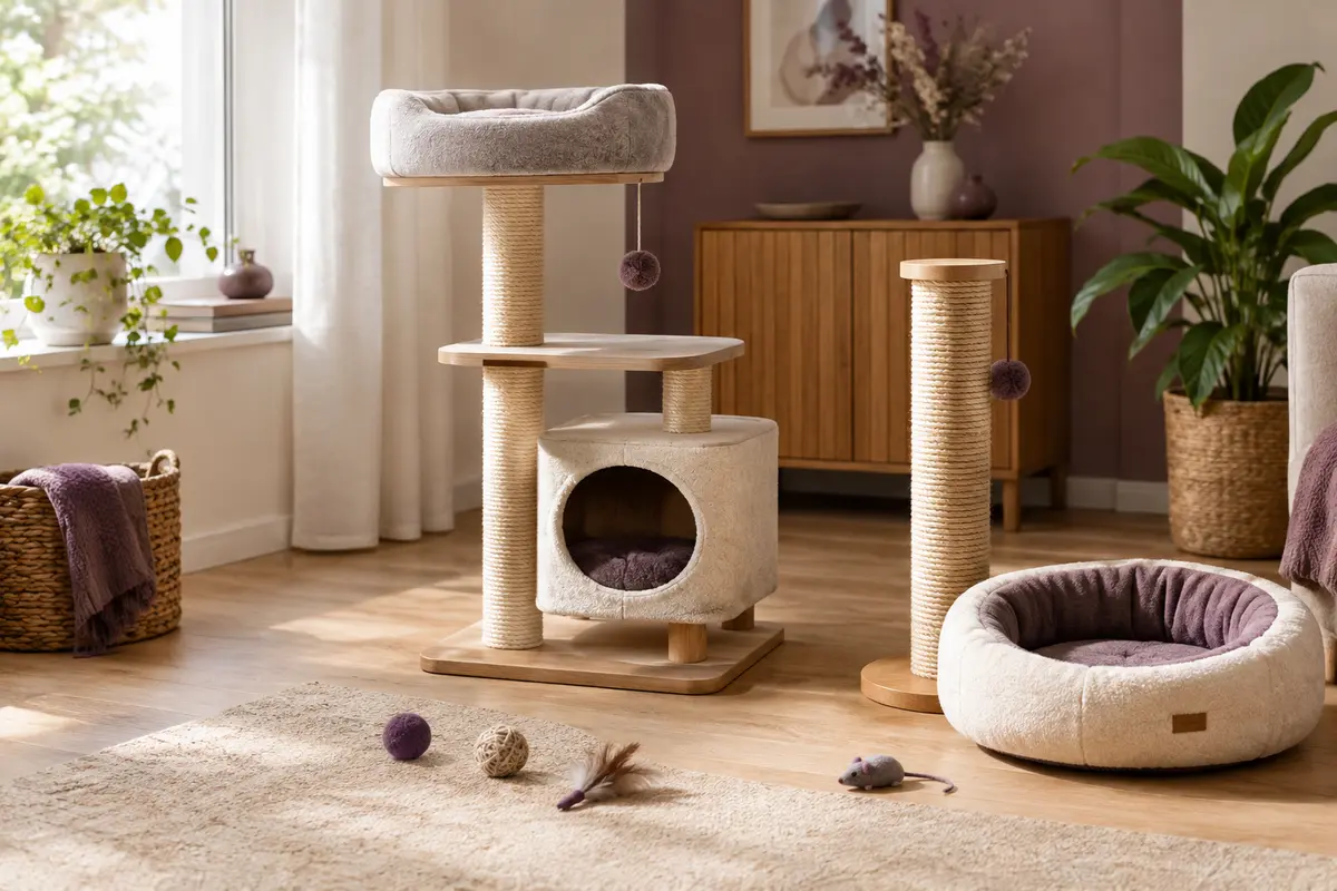 Arbre à chat, griffoir et accessoires de jeu réunis dans un intérieur lumineux et chaleureux.